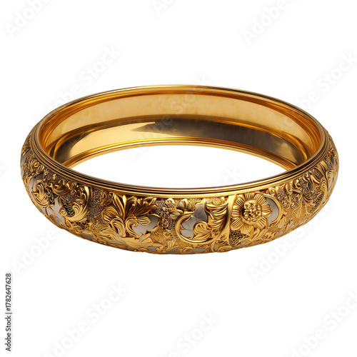 Elegant Gold Bangle With Intricate Floral Design Displayed on a Neutral Backg...