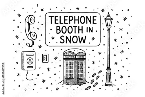 Vintage telephone booth in snow with retro doodle style elements