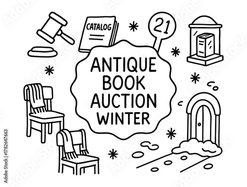 Antique book auction winter scene with gavel, catalog, and chairs in line art style