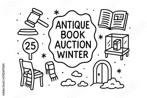 Antique book auction elements in winter theme with line art style