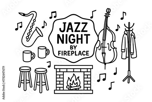 Cozy jazz night with musical instruments and fireplace in linear style