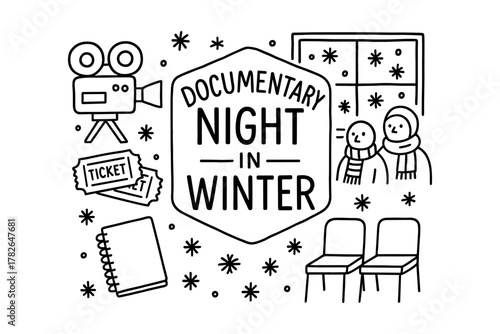 Documentary night in winter: cozy film event in black and white linear design