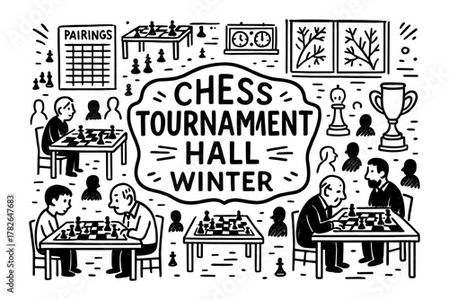 Chess tournament hall doodle with players and game elements in winter setting
