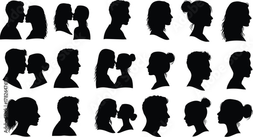 Human profile silhouettes, side face illustration, people head shapes, kissing couple vector, relationship artwork, black shadow design, diverse hairstyle icons