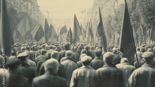 Many people march together holding flags in a historical protest set in a city during