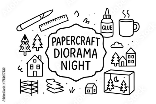 Creative papercraft diorama night with glue, trees, and mini houses