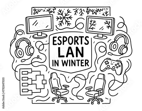 Esports lan event in winter: gaming setup with monitors, headsets, and consoles