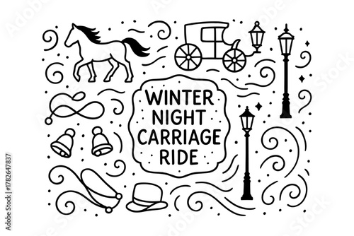 Winter night carriage ride with horse and lampposts in linear outline style