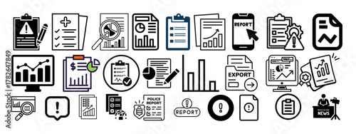 Report, document, and warning icons pack, includes clipboard, file, tax paper, alert, checklist, information, compliance, and safety symbols for business and finance documentation
