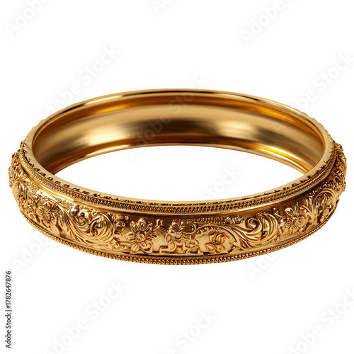 Elegant Gold Bangle With Intricate Floral Design Showcased in Bright Light
