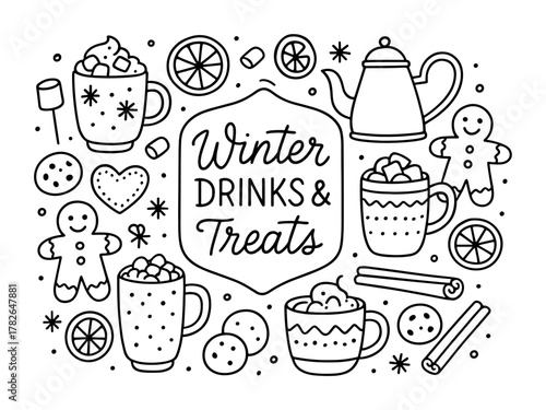 Cozy winter drinks and treats with gingerbread and hot chocolate in doodle art