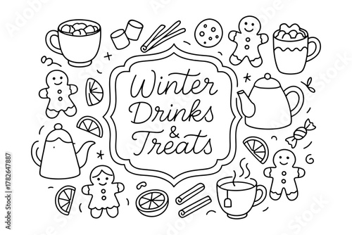 Cozy winter drinks with gingerbread cookies and warm spices in outline style