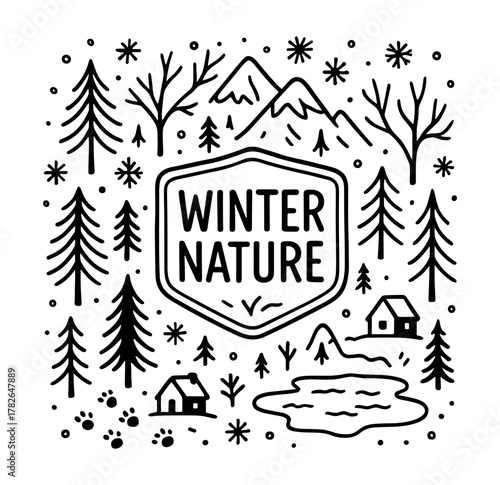 Monochrome winter landscape with mountains and cabins in nature scene