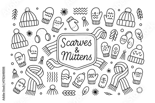 Cozy winter essentials with scarves and mittens in hand drawn doodle style
