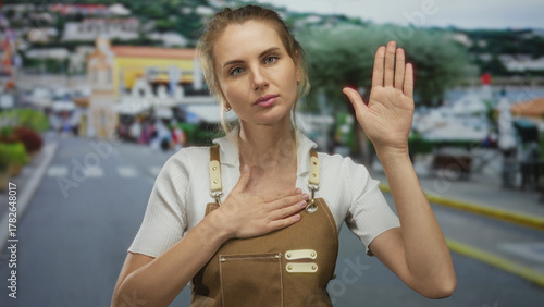 Photography Woman pledging gesture in city street setting wearing apron, showcasing sincerity and expression, surrounded by outdoor urban scenery