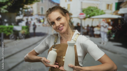 Valokuva Woman artisan with blonde hair and apron joyfully displays ceramic jars on a vibrant city street outdoors, blending creativity and artistry in an urban environment
