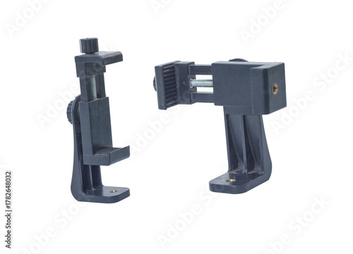 Adjustable Black Plastic Smartphone Holder Clips on Transparent Background