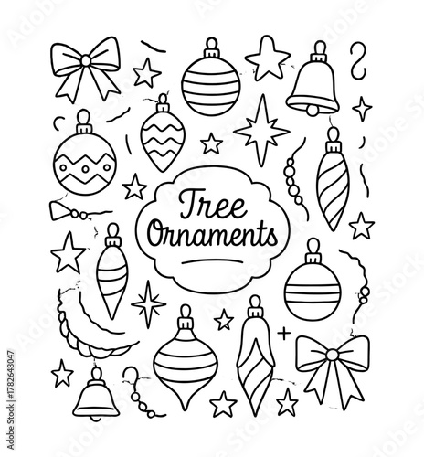 Festive tree ornaments coloring page with bells, stars, and ribbons in linear style