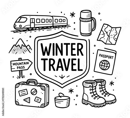 Winter travel adventure doodle with train, map, and boots in black and white
