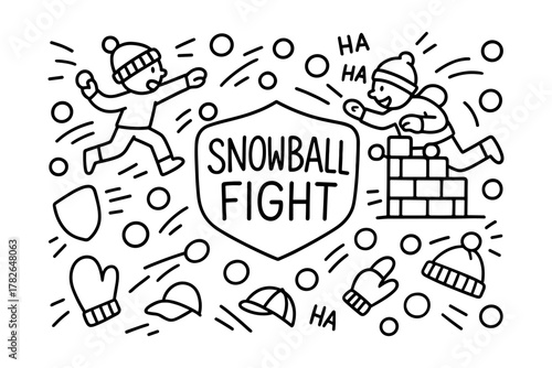 Playful winter snowball fight doodle with kids and accessories