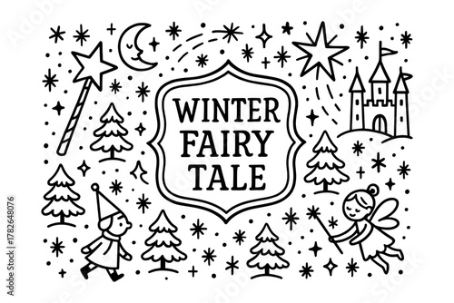 Winter fairy tale with wand, castle, and stars in doodle style