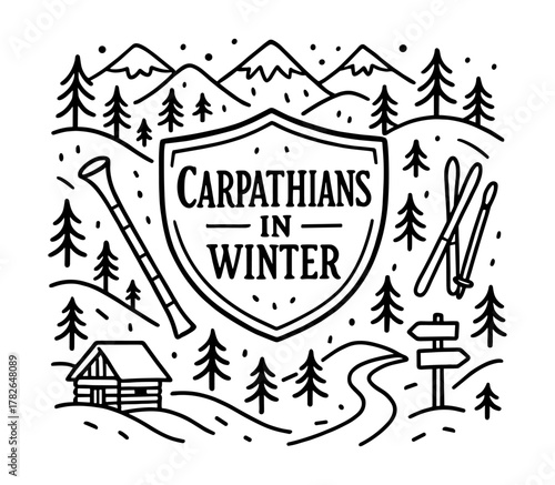 Winter adventure in the carpathians: monochrome mountain landscape and ski elements