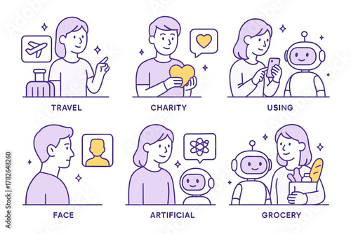 Linear icon set featuring travel, charity, ai, and daily life activities