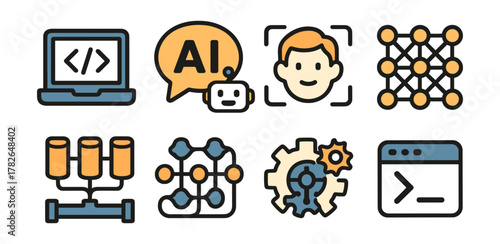 Ai and machine learning icons featuring neural network, computer vision, and chatbot