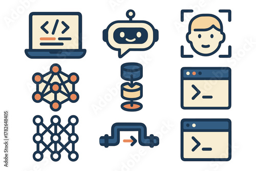 Modern technology icons set: ai, coding, neural networks, and robotics