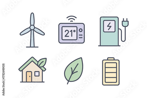 Eco-friendly icons: wind turbine, smart thermostat, electric charger, green energy