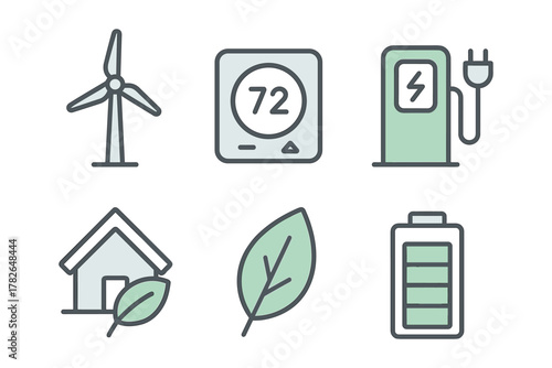Eco-friendly energy icons featuring renewable sources and technology