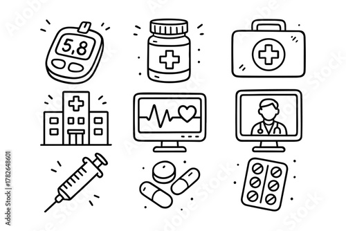 Medical and healthcare icons in linear style for diabetes and hospital themes