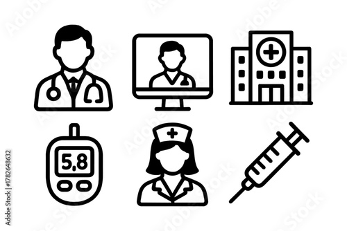 Medical icons set featuring healthcare professionals, hospital, syringe, and glucometer in linear style