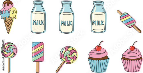 Ice cream cone, colorful popsicle, milk bottle illustration, lollipop swirl candy, cupcake dessert art, sweet treats design, cartoon food vector