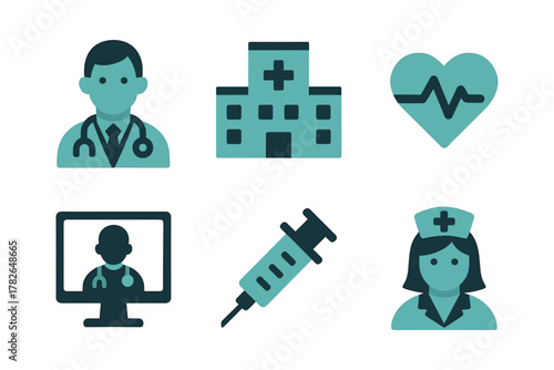 Medical icons set: doctor, nurse, hospital, heartbeat, syringe, telehealth