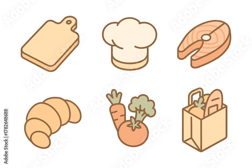 Colorful kitchen icons set with chef hat, groceries, and kitchenware