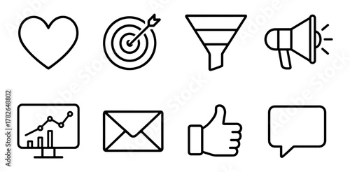 Digital marketing icons set: heart, target, funnel, megaphone, and more in linear style