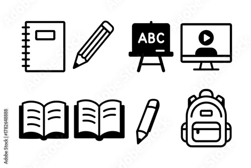 Education essentials icons: notebook, pencil, blackboard, online learning, backpack