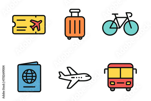 Travel essentials: colorful icons featuring passport, tickets, luggage, and transportation