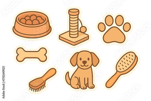 Cute pet care elements featuring dogs with toys and accessories in sticker style