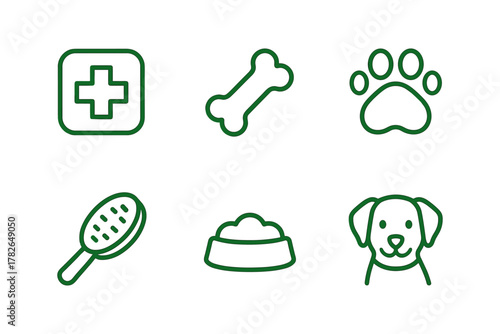 Pet care essentials: simple green line icons of dog, bone, and more