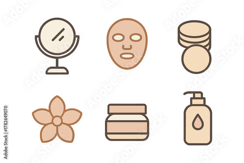 Minimalist skincare icons: mirror, face mask, cotton pads, flower, cream jar, soap dispenser