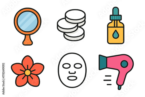 Stylish beauty icons set featuring mirror, tablets, serum, flower, face mask, and hair dryer