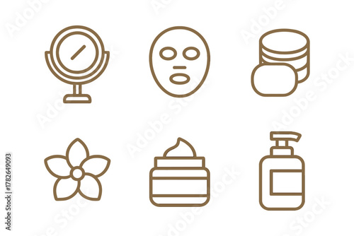 Minimalist beauty and skincare icons set featuring mirrors, masks, and creams