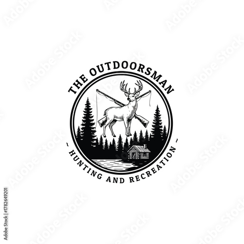 A vintage-style emblem featuring a majestic deer over crossed rifles and fishing rods, surrounded by a cabin and a pine forest, captures the classic spirit of hunting and recreation.