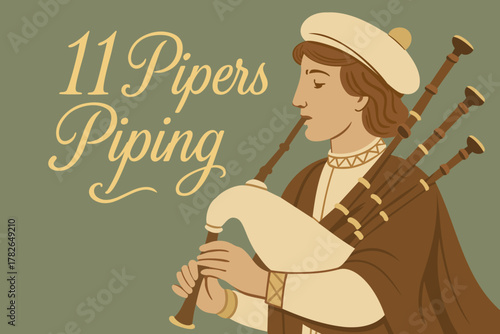 Eleven pipers piping. The twelve days of Christmas. English Christmas carol.  Eleventh day. Vector vintage illustration with lettering
