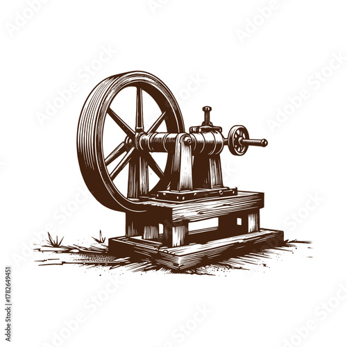 Antique Hand-Crank Machine in Old Western Town – Vintage Illustration