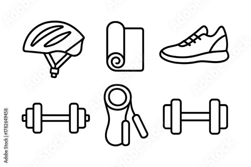 Minimalist fitness line art: helmet, yoga mat, sneakers, dumbbells, jump rope