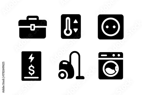 Essential household appliance icons in simple black silhouette style