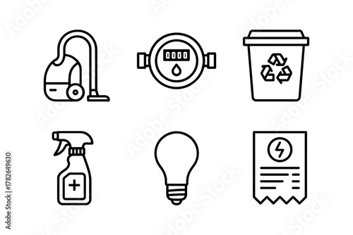 Home appliance and utility line icons set with eco-friendly symbols